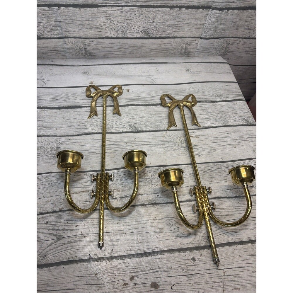 Pair Vintage Brass Sconces French Bow Tassel Wall Hang Tapered Candle Holder 17”